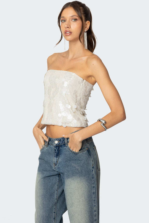 Edikted Samara Sequin Strapless Top Cream
