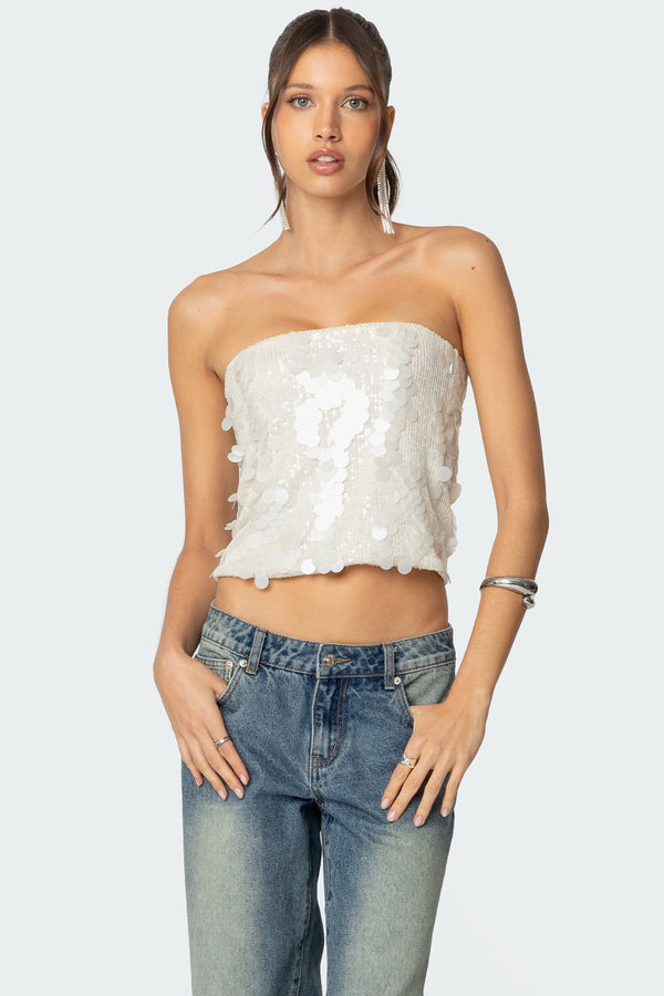 edikted Samara Sequin Strapless Top cream