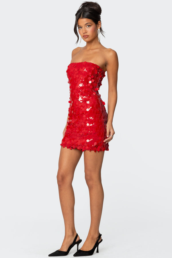 Edikted Samba Sequin Strapless Mini Dress Red