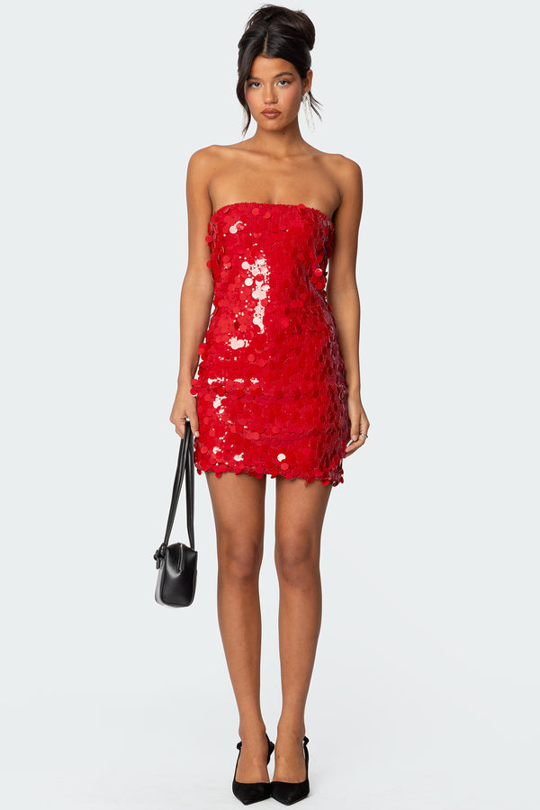 edikted Samba Sequin Strapless Mini Dress red