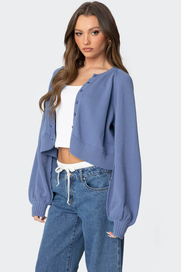 Edikted Sammi Puff Sleeve Knit Cardigan Blue