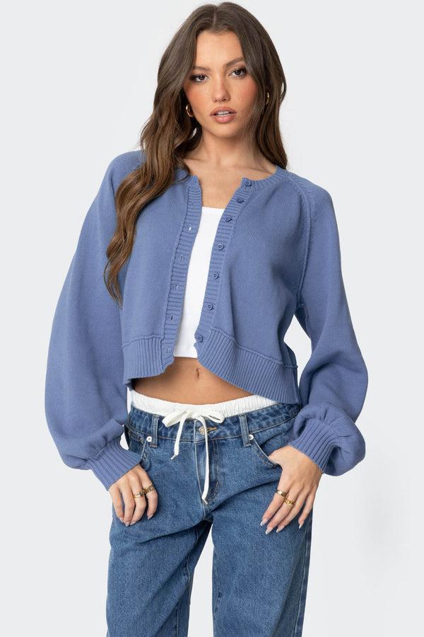 edikted Sammi Puff Sleeve Knit Cardigan blue