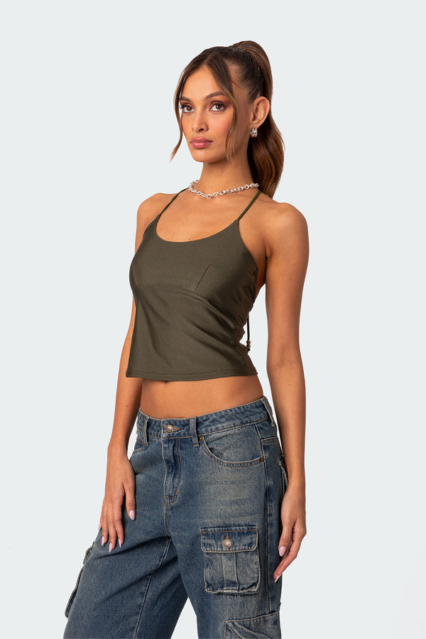 Edikted Sara Back Cut Out Halter Top Olive