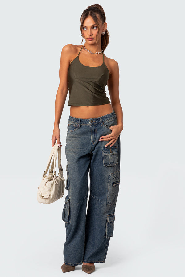 Edikted Sara Back Cut Out Halter Top Olive