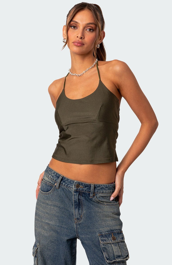 edikted Sara Back Cut Out Halter Top olive