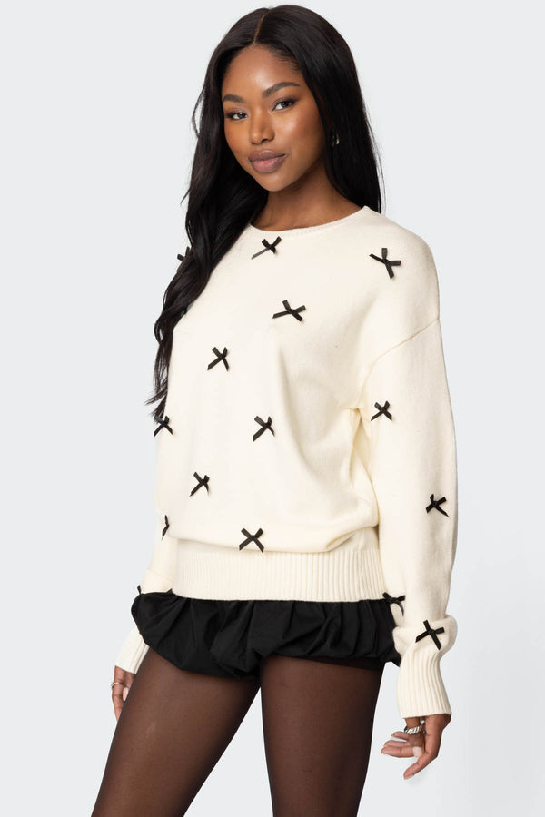 Edikted Satin Effect Bow Oversized Sweater Cream