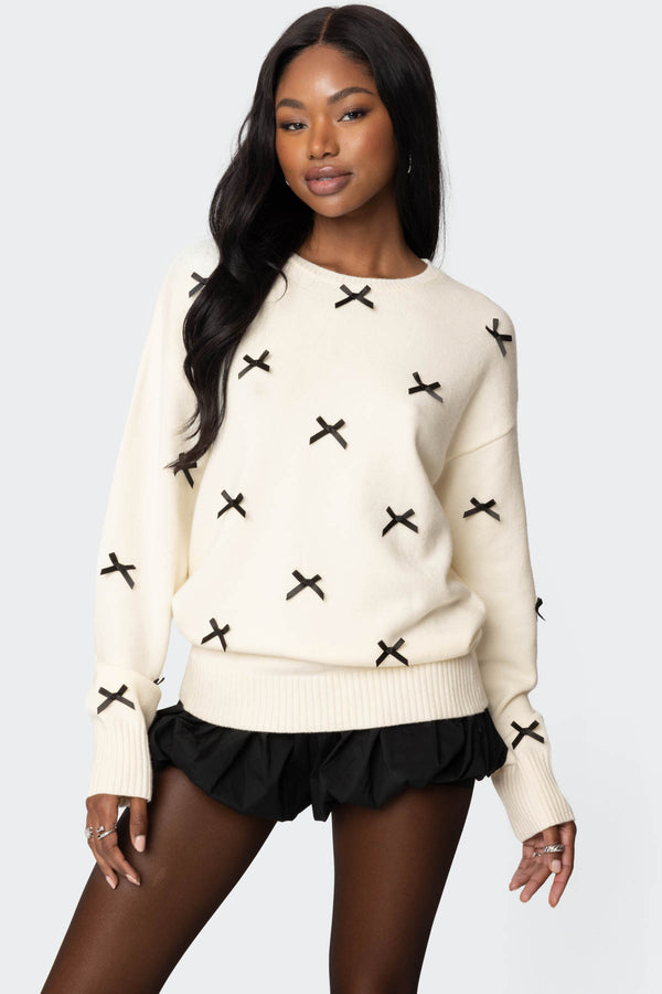 edikted Satin Effect Bow Oversized Sweater cream