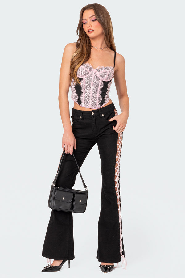 edikted Satin Effect Lace Up Flared Jeans black
