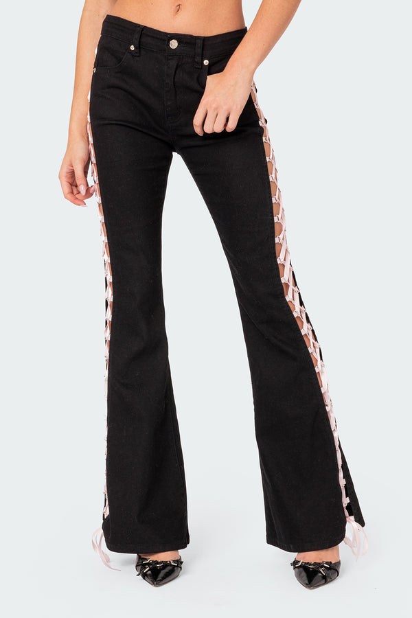 Edikted Satin Effect Lace Up Flared Jeans Black