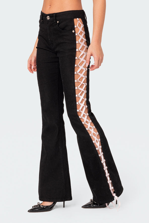 Edikted Satin Effect Lace Up Flared Jeans Black