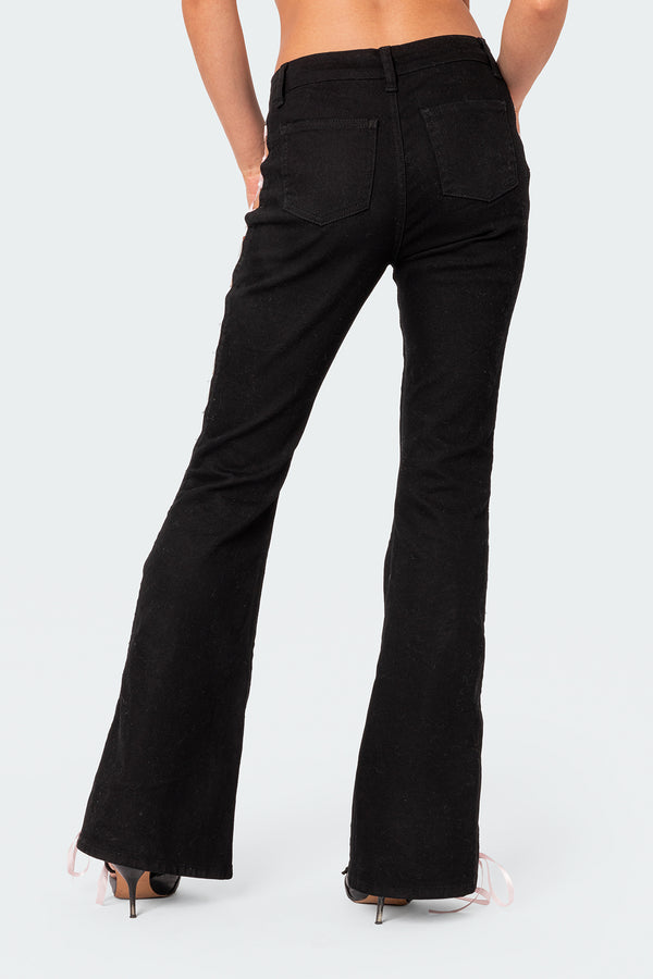 Edikted Satin Effect Lace Up Flared Jeans Black