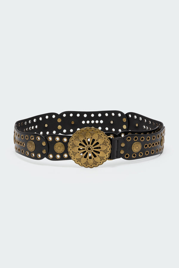 Edikted Scalloped Circle Faux Leather Belt Black
