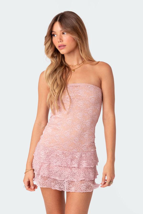 Edikted Scarlet Layered Lace Mini Dress Light Pink