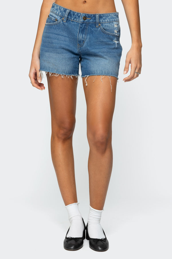 Edikted Scottie Low Rise Denim Shorts Blue