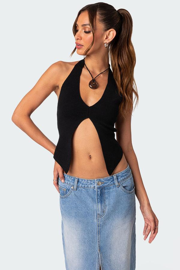 edikted Sculpt Knitted Split Front Top black
