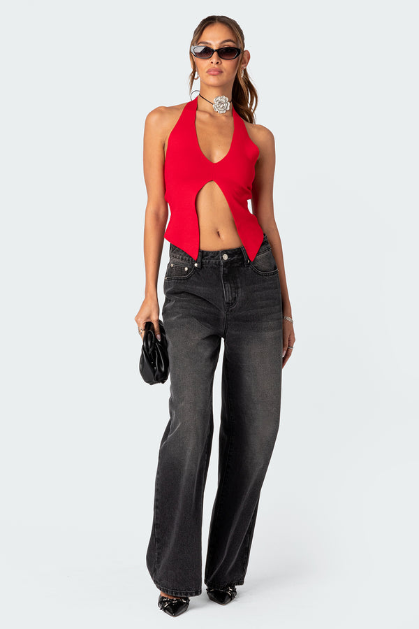 Edikted Sculpt Knitted Split Front Top Red