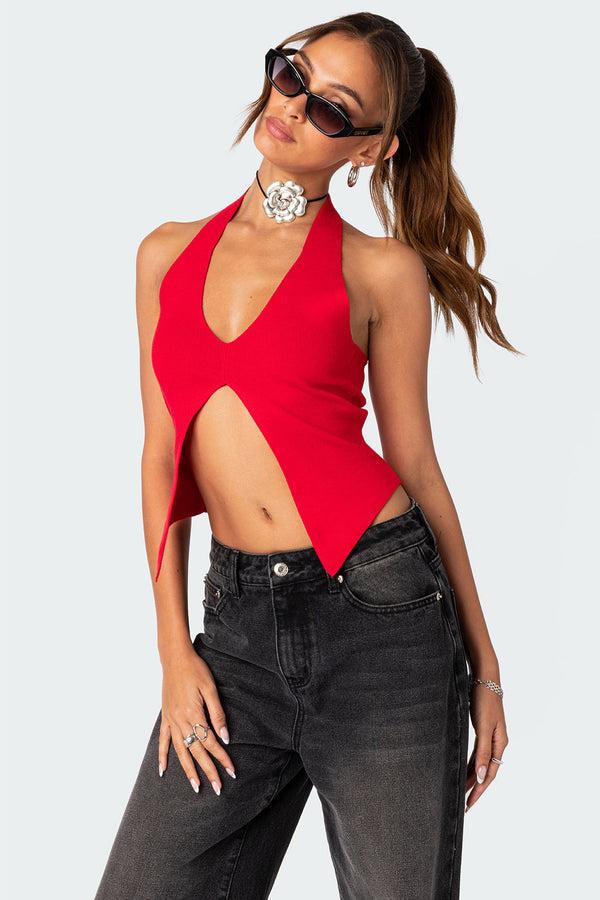 edikted Sculpt Knitted Split Front Top red