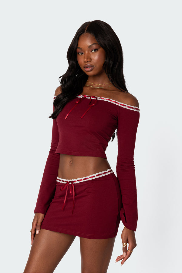 Edikted Seline Ribbon Trim Top Burgundy