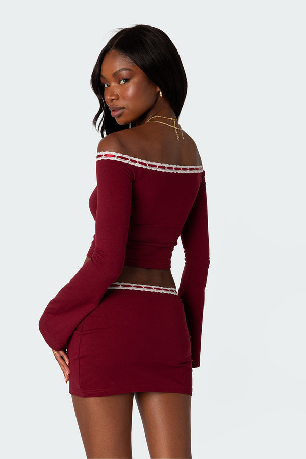 Edikted Seline Ribbon Trim Top Burgundy