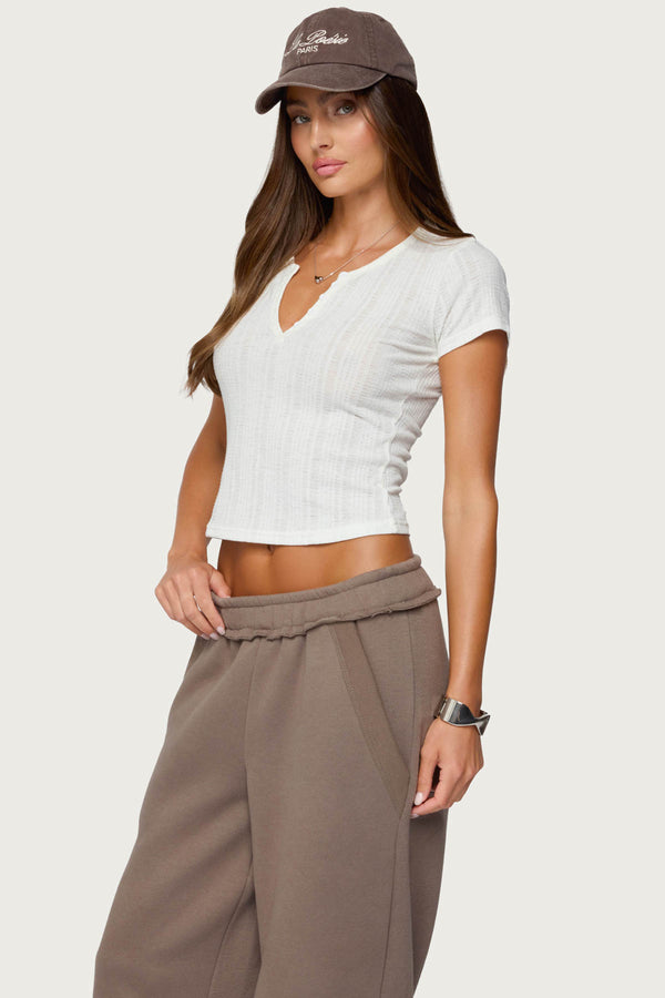 Edikted Semi Sheer Ribbed V Neck T Shirt White