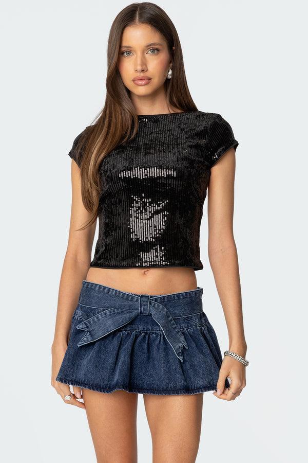 Edikted Sequin Boat Neck Open Back Top Black