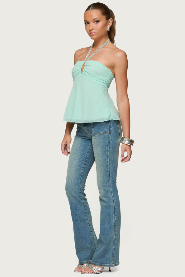 Edikted Sequin Chiffon Keyhole Halter Top Aqua