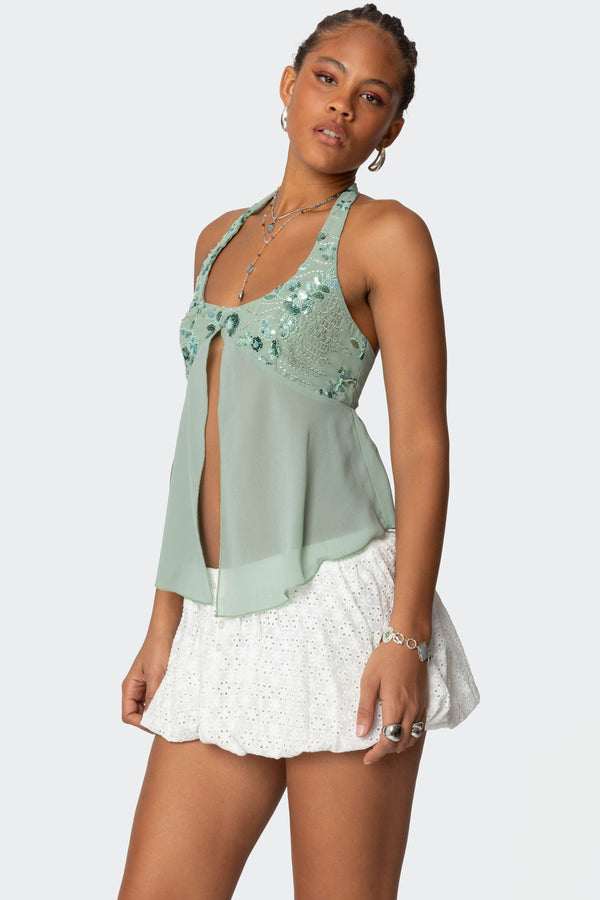 Edikted Sequin Chiffon Split Front Top Sage