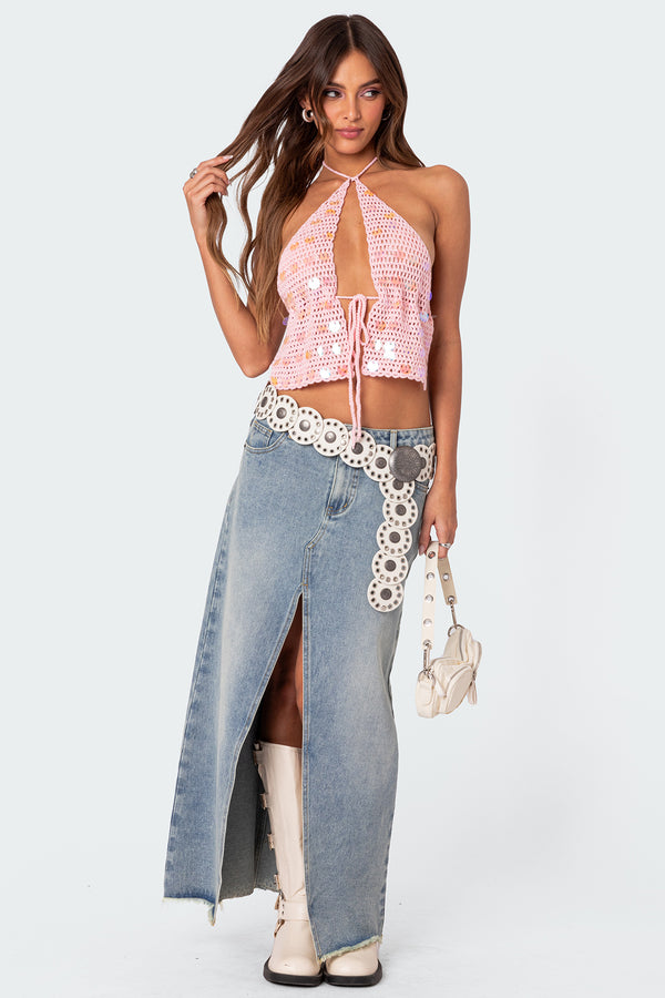Edikted Sequin Crochet Open Back Top Pink