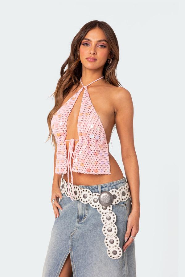 Edikted Sequin Crochet Open Back Top Pink
