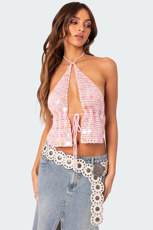 edikted Sequin Crochet Open Back Top pink