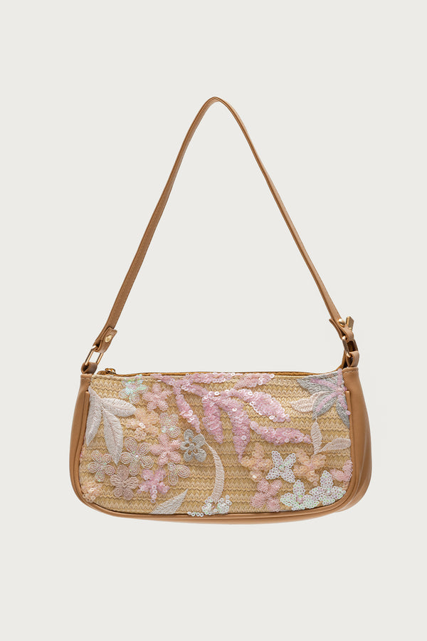 Edikted Sequin & Embroidered Straw Bag Tan