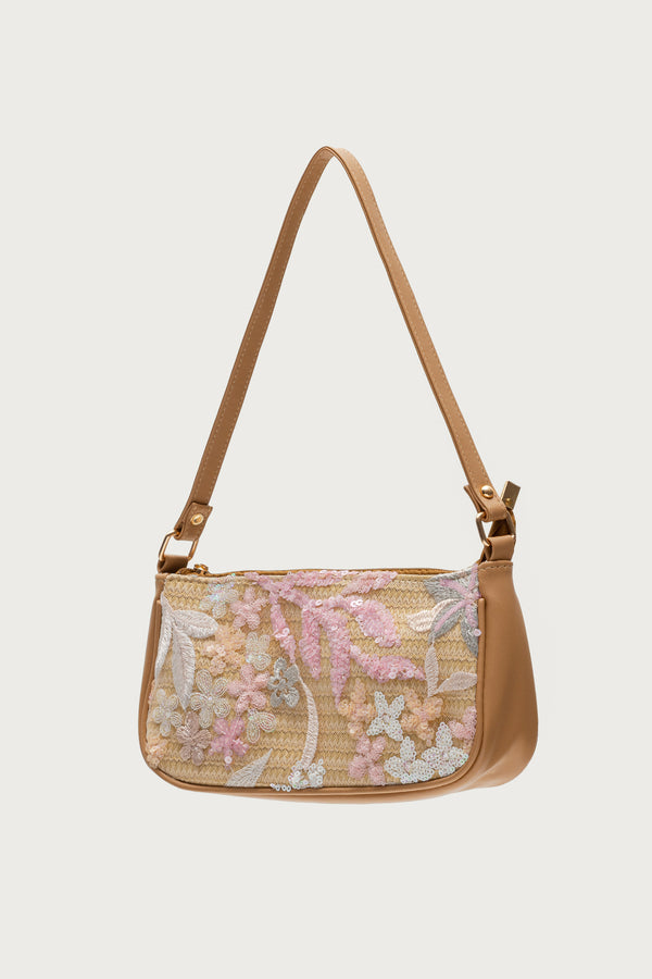 Edikted Sequin & Embroidered Straw Bag Tan