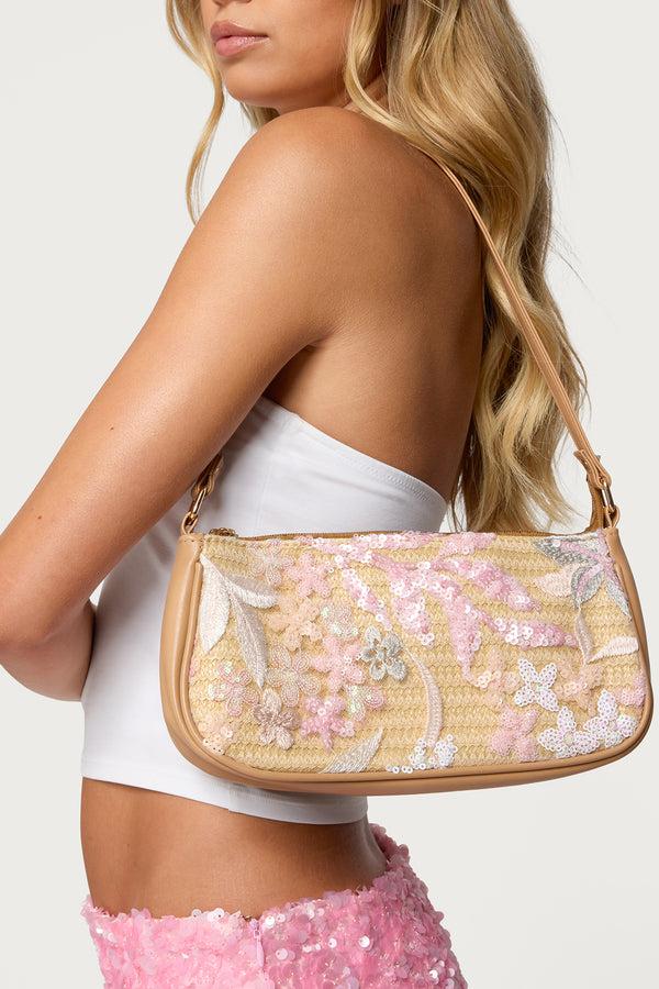 edikted Sequin & Embroidered Straw Bag tan