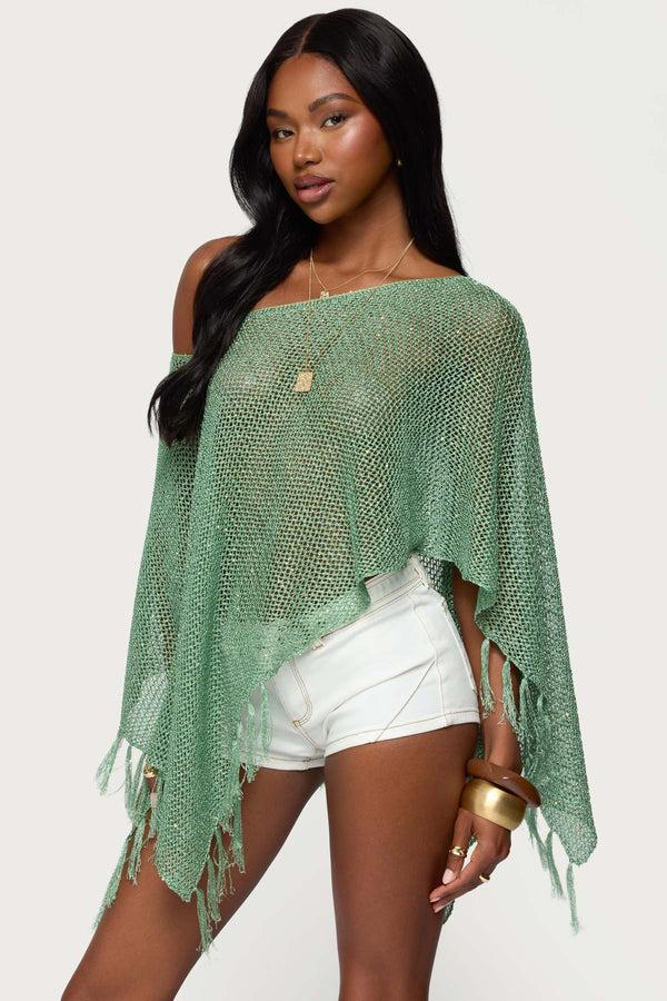 Edikted Sequin Fringe Knit Poncho Green