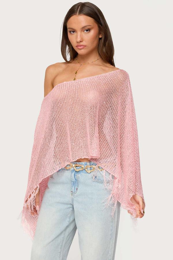 Edikted Sequin Fringe Knit Poncho Pink