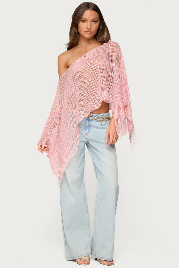 Edikted Sequin Fringe Knit Poncho Pink