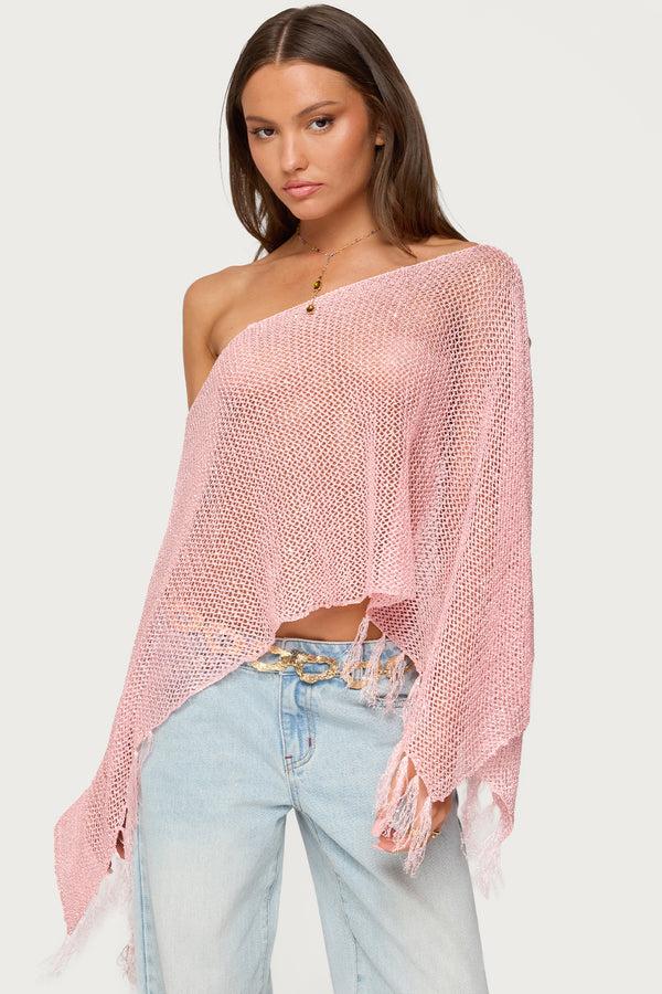 Edikted Sequin Fringe Knit Poncho Pink