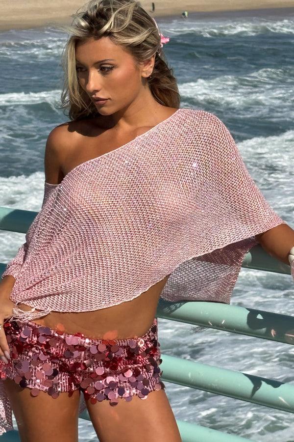 edikted Sequin Fringe Knit Poncho pink