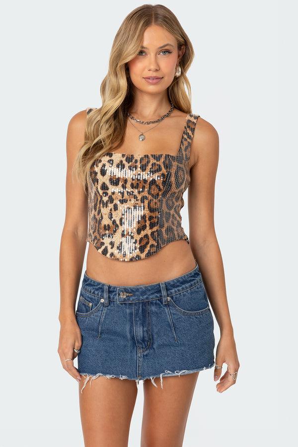 edikted Sequin Leopard Printed Top leopard