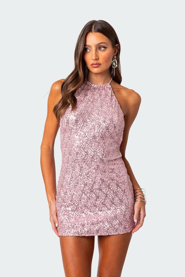 Edikted Sequin Open Back Halter Mini Dress Pink