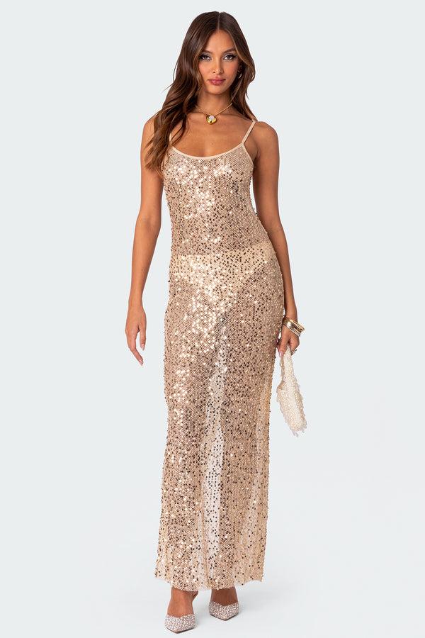 edikted Sequin Sheer Mesh Maxi Dress gold
