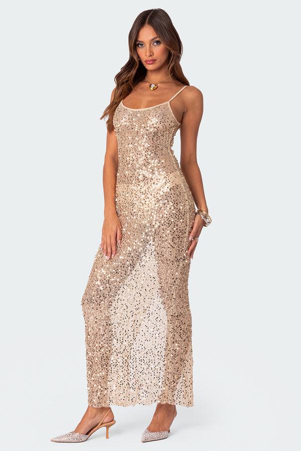 Edikted Sequin Sheer Mesh Maxi Dress Gold