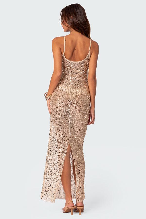 Edikted Sequin Sheer Mesh Maxi Dress Gold