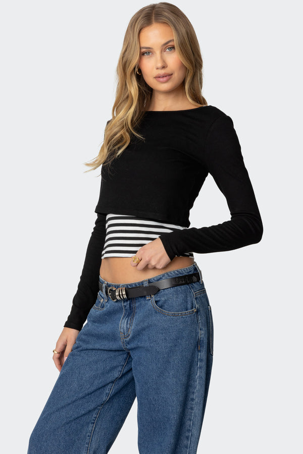 Edikted Shania Layered Striped Top Black