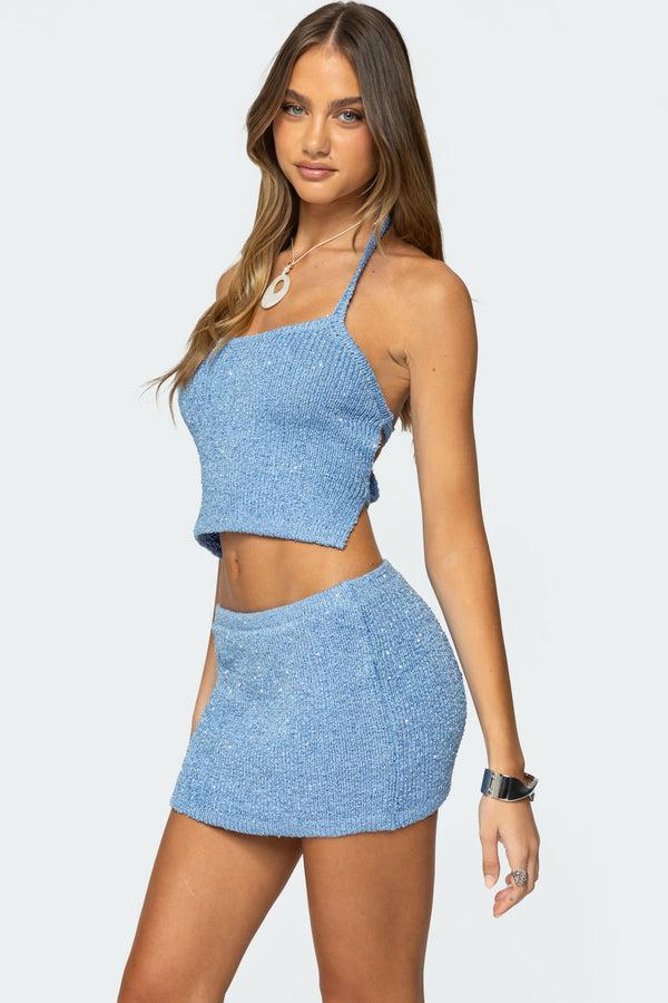 Edikted Shaylee Sequin Knit Backless Top Blue