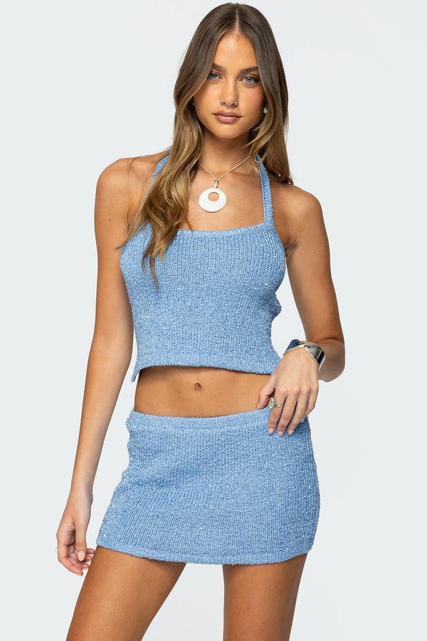 edikted Shaylee Sequin Knit Backless Top blue
