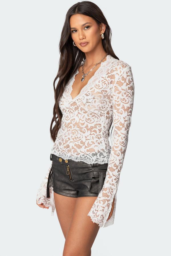 Edikted Sheer Lace Bell Sleeve Top White