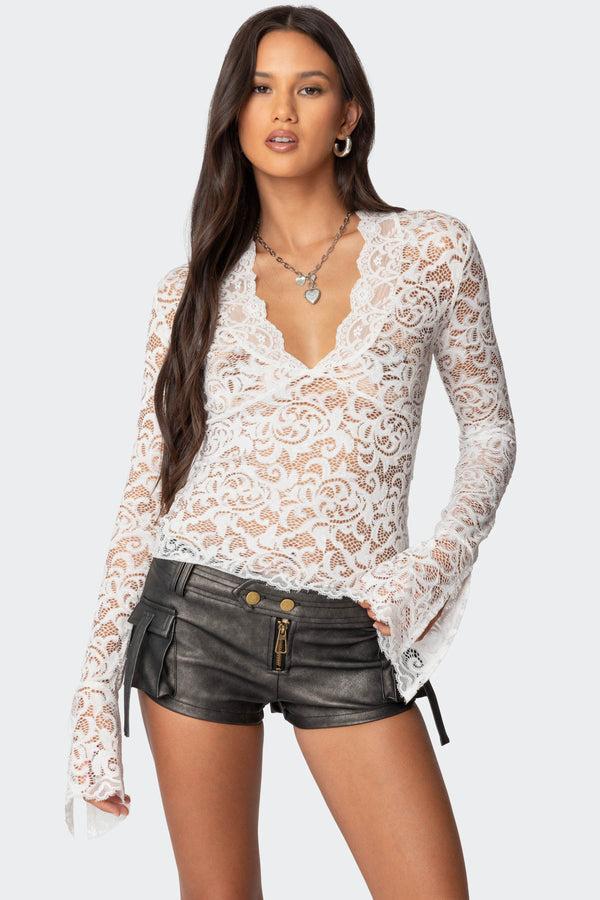 edikted Sheer Lace Bell Sleeve Top white