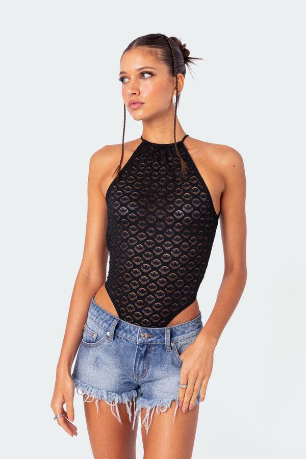 Edikted Sheer Lace Open Back Bodysuit Black