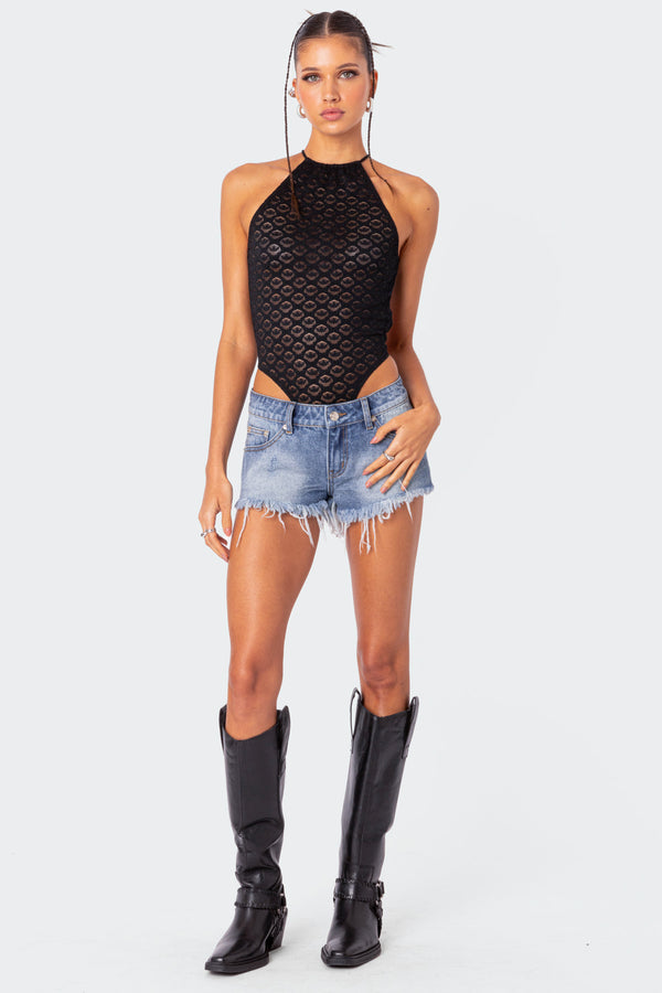 Edikted Sheer Lace Open Back Bodysuit Black